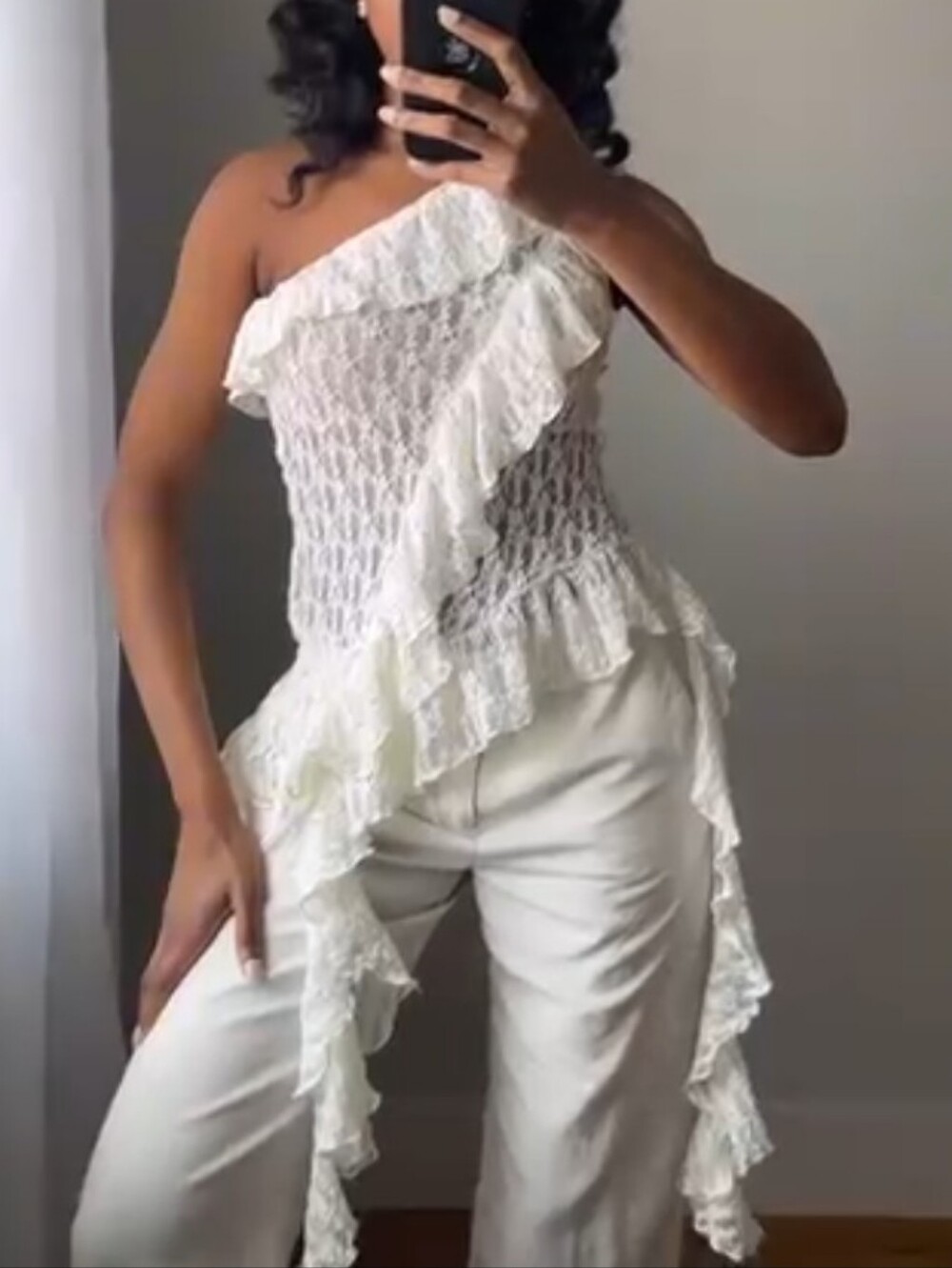 Zara Lace Asymmetric Ruffled Stretchy Top White M NWT - Picture 1 of 14